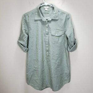 J Crew Factory green lightweight 1/2 button Tunic Pullover Roll tab sleeves sz S